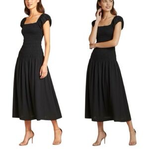 Caroline Constas Women’s Cotton Shirred Bodice Short Puff Sleeve Midi Dress NEW